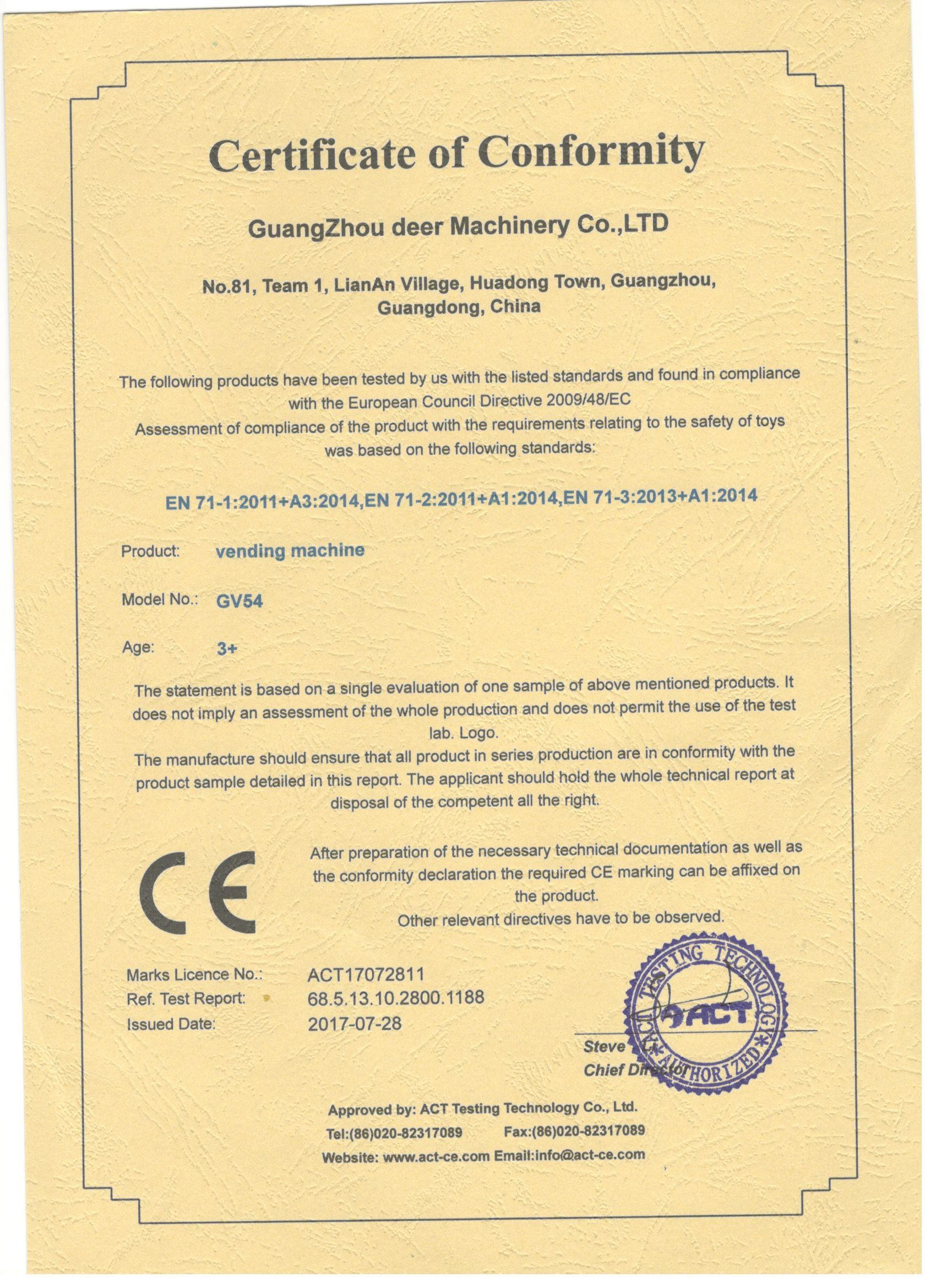 Chine Guangzhou Deer Machinery Co., Ltd. Certifications