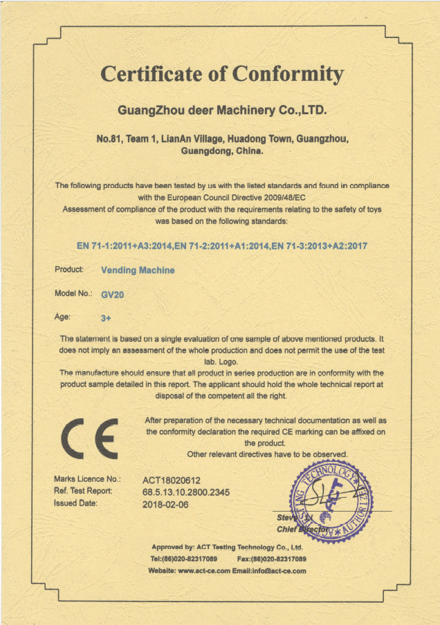 Chine Guangzhou Deer Machinery Co., Ltd. Certifications